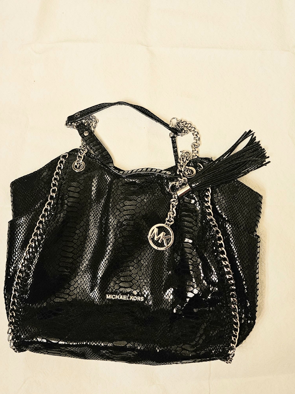 Michael Kors Black Snake-Embossed Shoulder Bag with Chain Detail